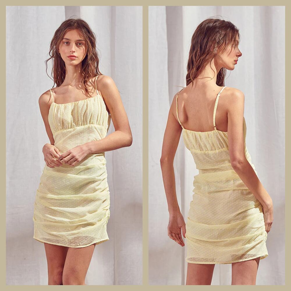 Storia Yellow Floral Ruched Side Mini Dress Large Coquette Fairy Cottagecore Y2K